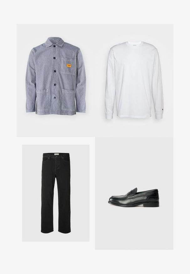 Dryžuotas darbo švarkas tamsiai mėlynos ir baltos spalvų, su mygtukų užsegimu, apykakle, krūtinės kišene su geltona etikete ir dviem priekinėmis kišenėmis.; Balta, ilga rankovė T-maiša, pagaminta iš medvilnės. Apvalios iškirptės dizainas su raukiniais ant rankovių ir nedidelis logotipas ant kairės rankovės. Glotni tekstūra.; Juodos džinsinės tiesaus silueto kelnės turi klasiką penkių kišenių dizainą su mygtukų uždarymu, minimaliais siūlais ir minkšta tekstūra.; Juodos odinės loafer tipo bateliai su lygiu paviršiumi, siuvinėjimu per priekį ir šiek tiek pakelta pakulne.