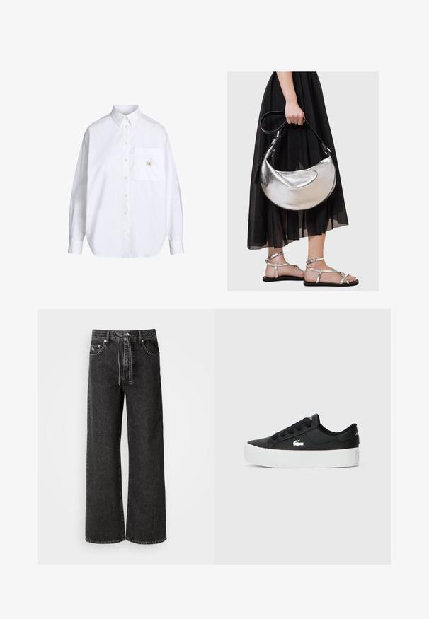 Hvid skjorte med knaplukning, klassisk krave, lange ærmer, brystlomme og et lille CK-logo forskellige på lommen. Glat bomuldsstof.; Sorte vide jeans lavet af denim. Har en høj talje, bælteløkker, forlommer og detaljer i sølv hardware.; Sort lavtop sneaker lavet af syntetisk materiale, med en hvid gummisål, sorte snørebånd og et lille hvidt logo på siden.; Metallisk sølv lædertaske med en buet, halvmåneform og sort skulderrem. Båret med en sort, gennemsigtig, let nederdel og sølv sandaler.