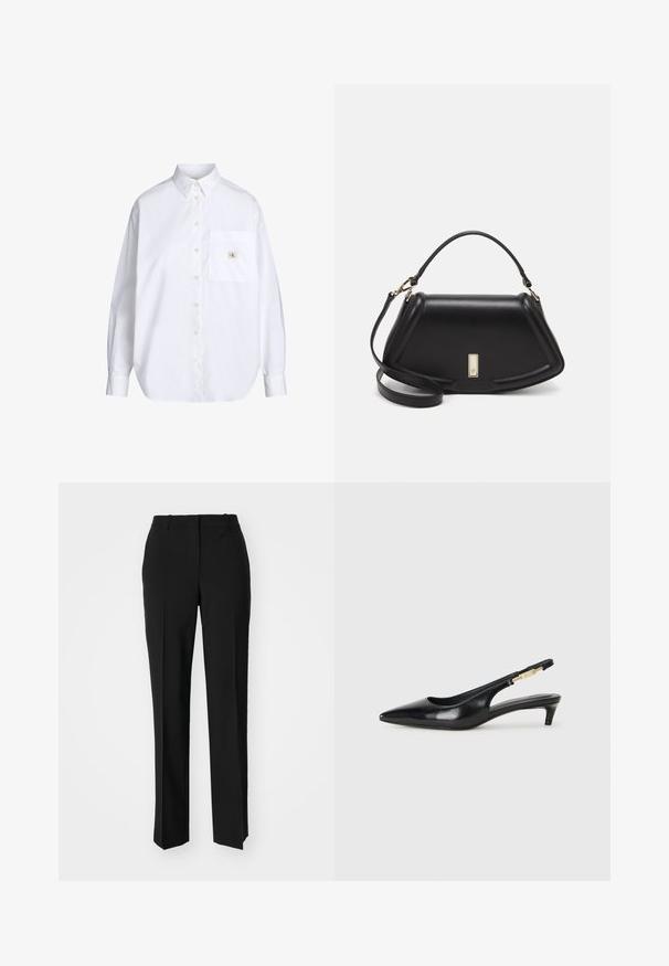 Valkoinen nappipaita, jossa on klassinen kaulus, pitkät hihat, etutasku ja pieni CK-logo patch taskussa. Sileä puuvillakangas.; Mustat räätälöidyt housut suoraa lahjetta, joissa on sileä pinta ja terävät taitteet edessä. Ei näkyvää metalliosaa.; Mustat nahkaiset slingback-korkokengät, joissa on terävä kärki, ohuet korot ja kultasävytteinen yksityiskohta säädettävässä hihnassa. Silkkinen pinta.; Mustalla nahkalaukulla, jossa on jämäkkä muotoilu, lyhyt malli, yläkahva ja kultaiset yksityiskohdat. Säädettävä olkahihna sisältyy.
