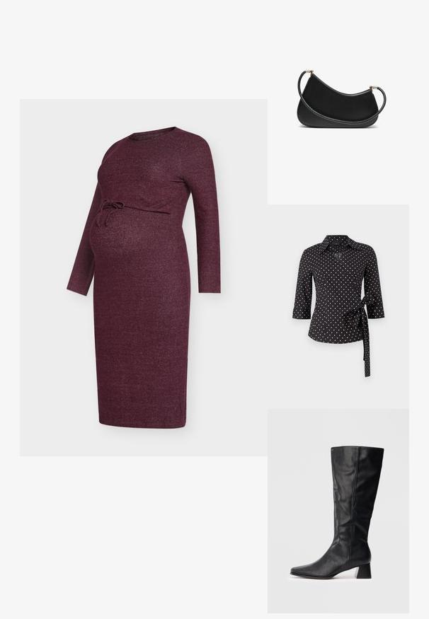 Sort indpakningsskjorte med hvide prikker, der har krave, trekvartærmer og en bindedetalje i taljen. Glat bomuldsstruktur.; Graviditetsskjole i bordeaux, lavet af et tekstureret strikket stof, med lange ærmer og lukning med bindebånd foran under brystet.; Sort læderstøvle til midt på læggen med spids tå og blokhæl på ensfarvet lys baggrund.; Sort læder skuldertaske med en buet design, der har en tekstureret rem og hardware i guldtonet ved lukningen for oven. Glat finish.