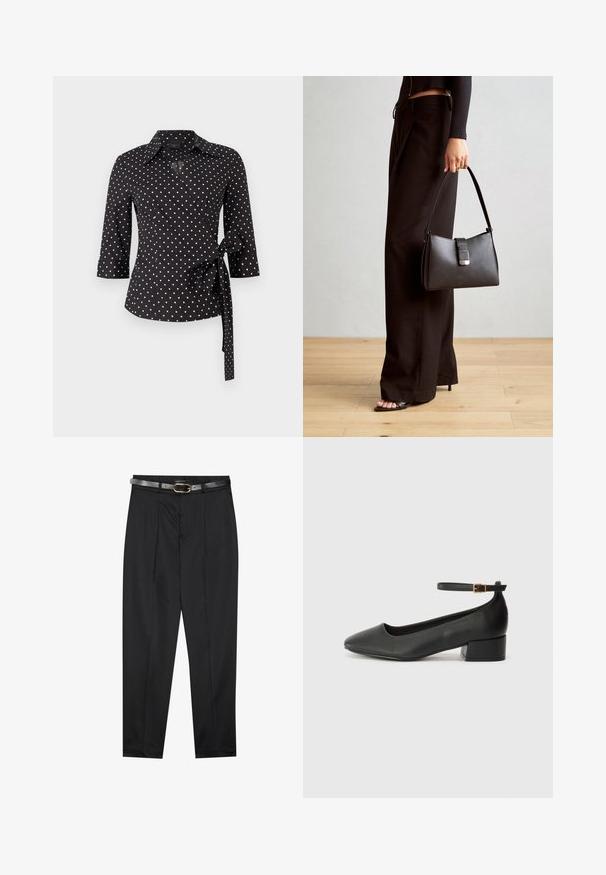 Zwarte wikkelshirt met witte stippen, voorzien van een kraag, driekwart mouwen en een strikdetail in de taille. Soepele katoenen textuur.; Zwarte broeken van een gladde stof, met een aansluitende tailleband en een gestructureerde grijze riem met een gouden gesp. Licht taps toelopende broekspijpen.; Zwarte leren pump met een spitse neus en een lage blokhak. Beschikt over een enkelband met een goudkleurige gespsluiting. Gladde textuur.; Zwarte handtas met gestructureerde vorm, gladde textuur en een metalen sluiting. Gecombineerd met brede zwarte broeken en sandalen met open teen op een houten vloer.