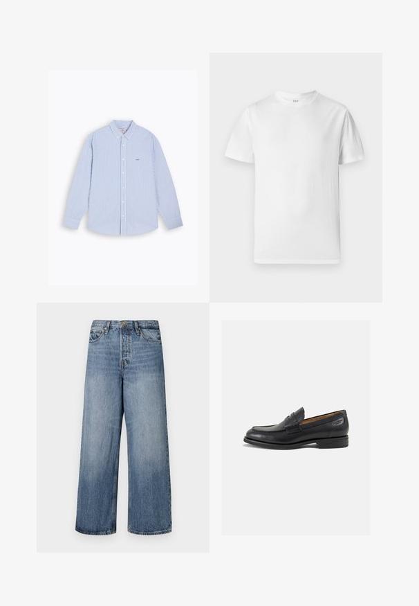 Hemd mit blauen und weißen vertikalen Streifen, langen Ärmeln, Kragen und einem kleinen gestickten Logo auf der Brust. Baumwollmaterial.; Weißes kurzärmliges T-Shirt aus weicher Baumwolle. Verfügt über einen runden Halsausschnitt und einen geraden Saum mit minimalen Details.; Weite blaue Denim-Jeans mit einer ausgewaschenen Optik, Fünf-Taschen-Design und einer Knopfverschluss. Ausgestattet mit Gürtelschlaufen und gestickten Details.; Schwarze Leder Slipper mit glatter Oberfläche, runder Spitze und dekorativer Naht auf dem Vorderblatt. Niedriger Blockabsatz und leichter Glanz.