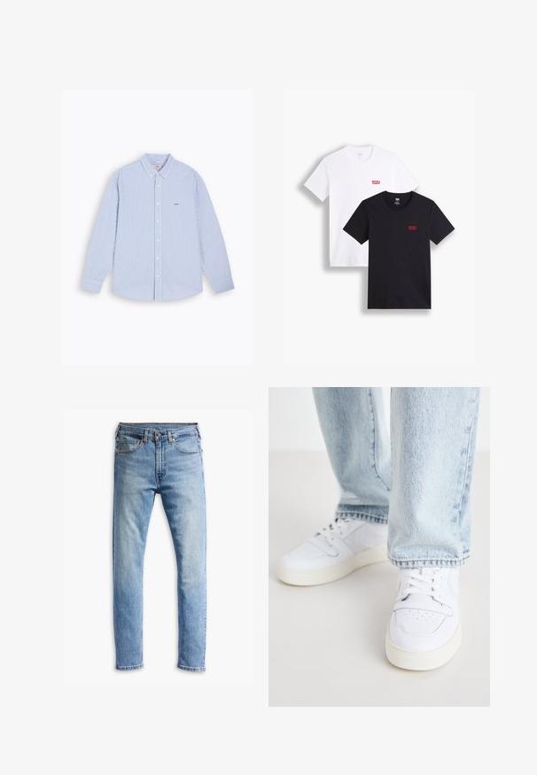 Krekls ar pogām, zils un balts vertikāls svītrojums, garas piedurknes, apkakle un neliels izšūts logo uz krūtīm. Izgatavots no kokvilnas materiāla.; Divi īsās piedurkņu t-krekli: viens balts un viens melns. Abus izgatavoti no kokvilnas ar sarkano Levi's logo uz krūšu. Vienkārša apaļa kakla dizaina.; Gai zilgani džinsi ar taisnu piegriezumu, piecām kabatām, pogu aizdari un vieglu izbalējumu pa audumu.; Biezi balti ādas apavi līdz potītei ar perforētu purngalu, plakaniem šņorēm un minimālistisku dizainu. Saskaņoti ar gaiši ziliem džinsiem.