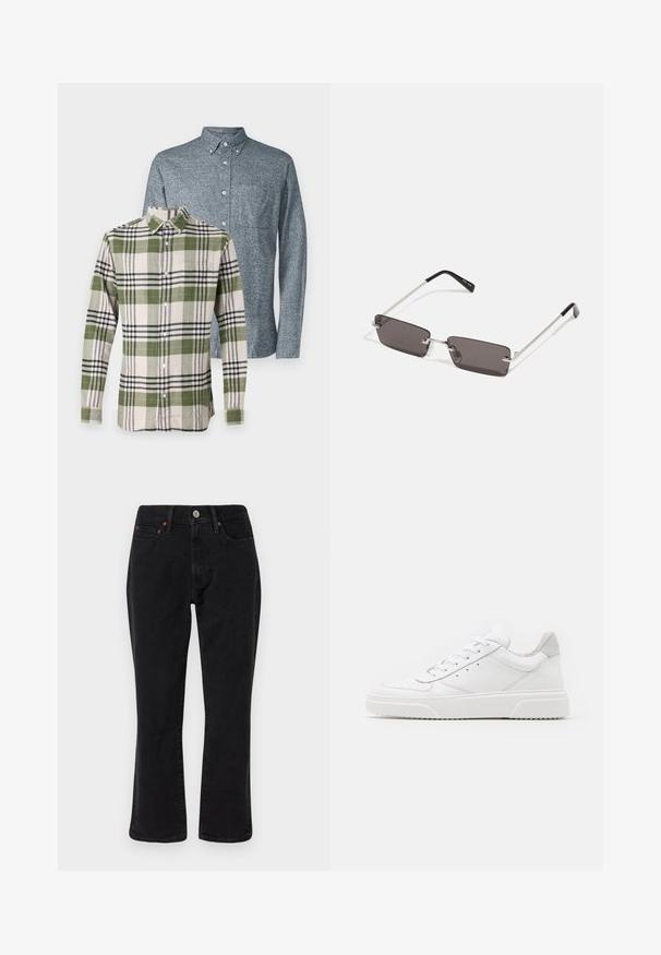 Jack & Jones JPRBLUNORRIS 2 PACK - Chemise - navy/cypress; Jean en denim noir présentant un design à jambe droite, un style à cinq poches et des accessoires en métal avec des accents en cuivre. Texture lisse et taille moyenne.; Des baskets en cuir blanc avec une finition lisse, un bout rond, des lacets plats et une semelle texturée. Accents en daim gris au niveau du talon.; Lunettes de soleil avec des verres rectangulaires gris foncé, des montures en métal argenté et des embouts en plastique noir sur les branches. Conception légère avec des plaquettes de nez.
