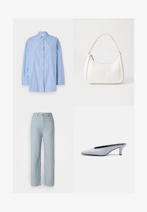 Blåstripet langermet skjorte laget av lett stoff. Har klassisk krage, knappelukking og hvite vertikale striper.; Lys blå rett ben jeans laget av denim. Har fem lommer, en metallknapplukking og subtil slitasje for tekstur.; Lys blå patentlær mule med spiss tå, lav gjennomsiktig hæl og en elegant design med utskjæring på vampen.; Hvit lærveske med en buet fasong, med et preget "CK"-logo på forsiden og en enkel skulderstropp. Glidelåslukking på toppen.