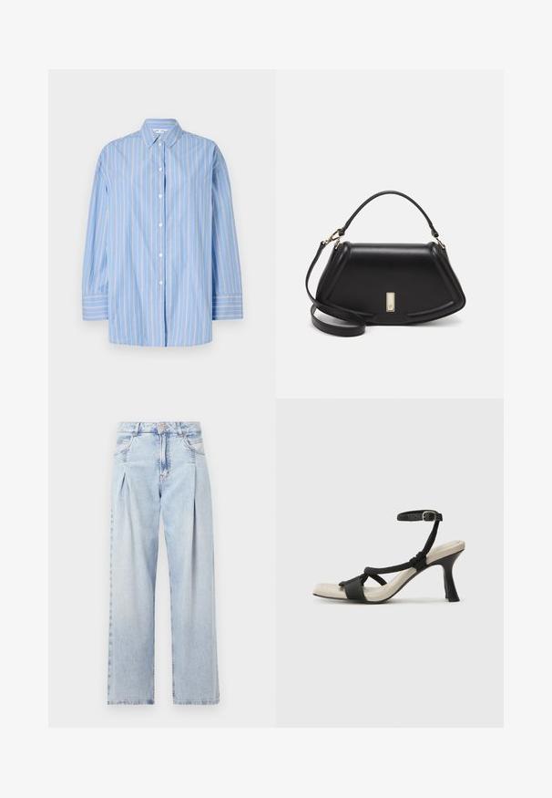 Camisa de manga larga a rayas azules hecha de un tejido ligero. Cuenta con un cuello clásico, cierre de botones y rayas verticales blancas.; Jeans de mezclilla azul claros con cintura alta, corte de pierna ancha, dos bolsillos laterales y un diseño plisado. Textura suave con un acabado deslavado.; Sanda¡ía de tacón negro con diseño de tira trenzada, punta cuadrada y correa ajustable en el tobillo. Plantilla de color beige claro con un tacón negro brillante.; Bolso de mano de cuero negro con un diseño estructurado, que presenta una forma recortada, asa superior y acentos en dorado. Correa de hombro ajustable incluida.