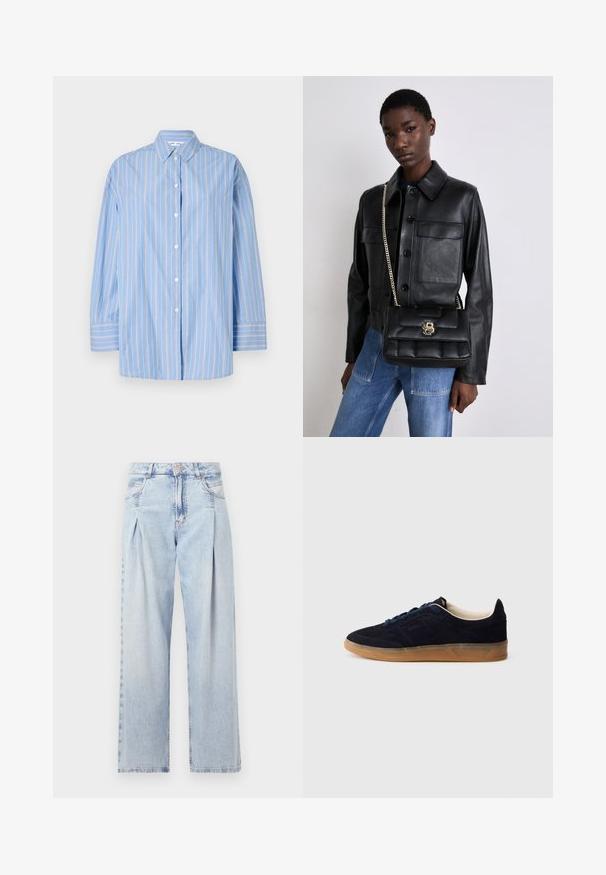 Blåstripet langermet skjorte laget av lett stoff. Har klassisk krage, knappelukking og hvite vertikale striper.; Lyseblå denimjeans med høy livlinje, vide ben, to sidelommer og plisserte detaljer. Myk tekstur med en falmet finish.; Navy blå semsket sneakers med såle av gummikaramell, blå lisser og minimalistisk design. Har preget logo på siden og glatt innerfôr.; Svart skinnjakke med knappelukking og to frontlommer, sammen med en svart kviltet håndveske med gullspenne og kjedehank.
