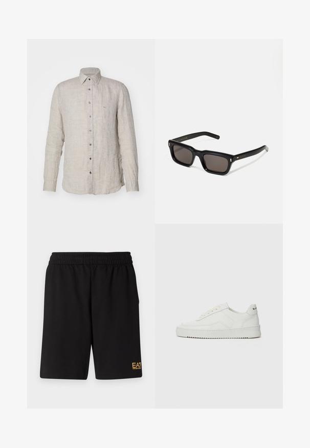 Gai krēmkrāsas lina krekls ar garām piedurknēm, pogām ap kaklu un pogu piegriezumu priekšpusē. Iekļauts neliels izšūts logo uz krūtīm.; Melnā kokvilnas T-kreklu ar apaļu kakla izgriezumu, īsām piedurknēm un balto "EMPORIO ARMANI" logotipu virs vārda "Milano" izliektā dizainā.; Melnas sporta šortus, kas izgatavoti no mīksta auduma, ar elastīgu jostu un mazu dzeltenu EA7 logo zem kreisā kājas stūra.; Baltas ādas sneakers ar gludu virsmu, apaļu pirkstu daļu, plakaniem šņorēm un teksturētu zoli. Satur diskrētu logotipu uz papēža.; Melnas taisnstūra formas saulesbrilles ar tumšiem stikliem, bieza plastmasas rāmja, zelta akcenti pie tempļiem un zīmola logo iegravēts roku daļā.