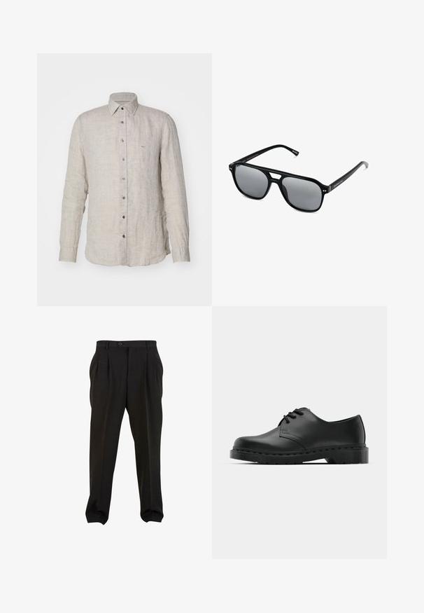 Hellbeige Leinenhemd mit langen Ärmeln, Button-Down-Kragen und einer vorderen Knopfleiste. Verfügt über ein kleines gesticktes Logo auf der Brust.; Schwarze Hose aus glattem Stoff mit Frontfalten, einem Knopfbund und schmal zulaufenden Knöchelbündchen. Klassische, taillierte Silhouette.; Schwarze Leder-Oxford-Schuhe mit Schnürdesign, runder Zehenform, flacher Gummisohle und subtilen Nähten entlang des oberen Teils.; Schwarze Sonnenbrille mit rechteckigen Rahmen, grauen getönten Gläsern und einer Aussparung im Nasensteg. Schlanker, glänzender Kunststoff, mit schmalen Bügeln.