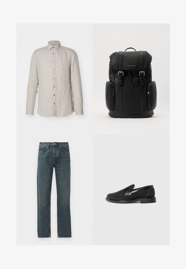 Helebeež linane särk pikkade varrukatega, nööbid allapoole ja esi-nööbiplokk. Esiküljel on väike broderinguga logo.; Tumed sinine denimist teksad sirge jala disainiga, viie tasku, nööbiga sulgemise ja kontrastsete õmbluse detailidega.; Must musta kootud slip-on king, millel on pehme nahast accent ülaserval, ümmargune varvas ja madal profiiliga kummitald.; Mustast nahkakotist, millel on tekstureeritud pind, klappkujulise sulgemise mehhanism, metallist riistvara, külgmised tõmblukuga taskud ja brändi logo esiküljel.