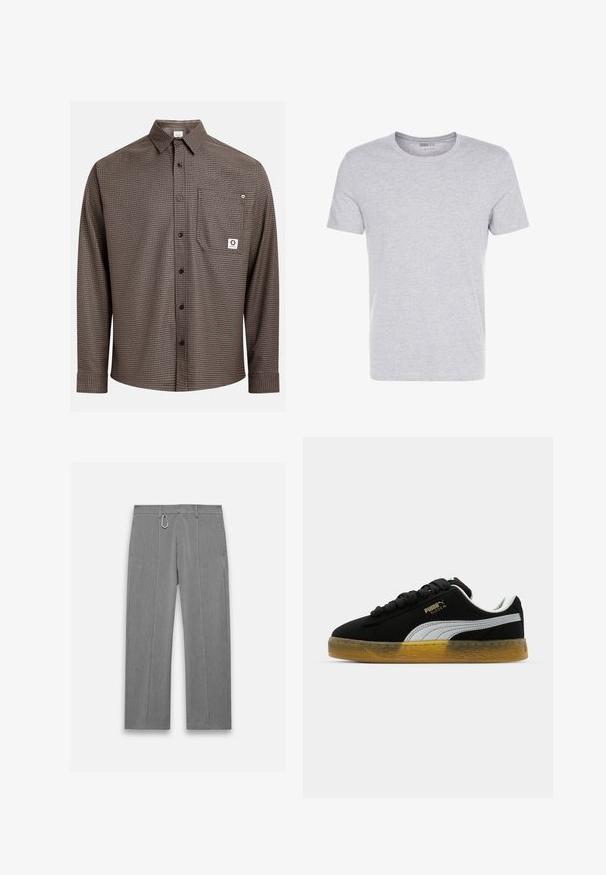 Brown checkered long-sleeve shirt with button-up front, single chest pocket, and logo tag. Soft fabric, standard collar, and button cuffs.; Gray cotton t-shirt with a crew neck, short sleeves, and a plain design, featuring a soft, smooth texture and no visible patterns or embellishments.; Gray tailored pants with a textured finish. Features a front zipper, side pockets, and a silver hardware accent. Straight-leg design.; Black suede sneaker with white side stripe and gold logo. Features a rubber gum sole with textured pattern. Laces are black and flat.