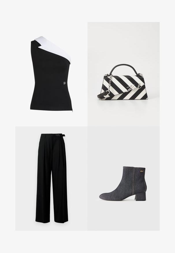 Melna blūze ar vienu plecu, ar kontrastējošu baltu apkakles detaļu. Iespējo pieguļošu formu un nelielu logo apakšējā labajā stūrī.; Melni plaši bikses ar augsto jostasvītru, priekšā ar krokojiem un jostu ar sprādzi. Izgatavotas no gludas, vieglas auduma.; Tumši denima potītes zābaki ar norādītu pirkstu, bloku papēdi, redzamām šuvēm un subtilu zīmola logo sānos. Gluda tekstūra.; Melnām un baltām svītrām rotāta rokassoma ar strukturētu formu, ar augšējo rokturi, noņemamu ķēdes siksnu un metāla logotipa akcentu.