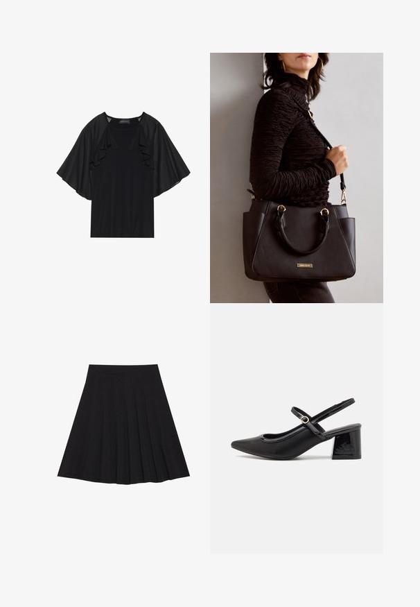 Musta paita, jossa on lyhyet röyhelöhiharesorit ja pyöreä kaula-aukko. Materiaali näyttää sileältä ja siinä on hienovarainen kiilto. Rentoa tyyliä.; Musta taitettu hame, joka on valmistettu teksturoidusta kankaasta ja jossa on tiukka vyötärö. Laskeutuu polveen, ja siinä on suora ja siisti siluetti.; Musta lakattu nahka slingback-korkokengät, joissa on terävä kärki, pyöreä aukko-muotoilu ja lohkokorko. Varustettu kultasävyisellä solkiyksityiskohdalla.; Musta käsilaukku, jossa on teksturoitu pinta, kaksi yläkantta ja säädettävä olkahihna. Varustettu kultasävyisillä varusteilla ja sivutaskuilla.