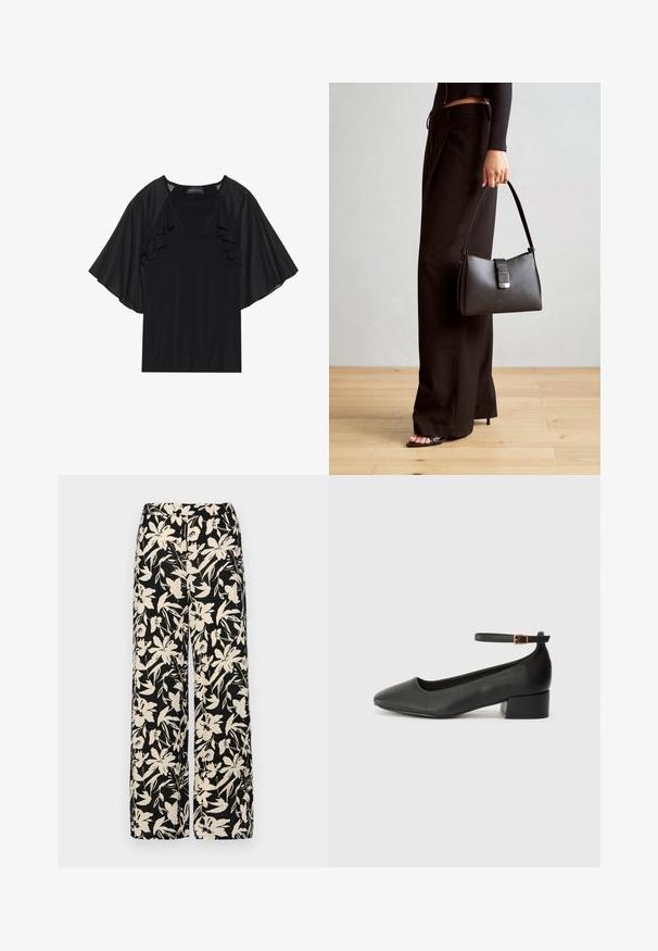 Must have lühikeste volangvarrukatega must top, millel on ümmargune kaelus. Materjal näeb välja sile ja kergelt läikiv. Loodud igapäevaseks kandmiseks.; Must mustriga lühikeste varrukatega tipp, valmistatud siledast materjalist, millel on peplum-disain ja vöödiga talje, millel on kaks ümmargust, hõbedase tooni nuppu.; Mustad laiad püksid kreemja lillemustriga. Valmistatud kergest kangast, millel on sile tekstuur ja kõrge vöökoht.; Must mustaapp, millel on terav nina ja madal blokk-kand. Omab pahkluu rihma koos kuldse tooni pandlaga. Sile tekstuur.; Must musta kott, millel on struktureeritud kuju, sile tekstuur ja metallist klamber. Kombineeritud laiate mustade pükstega ja avatud varvaste sandaalidega puidust põrandal.
