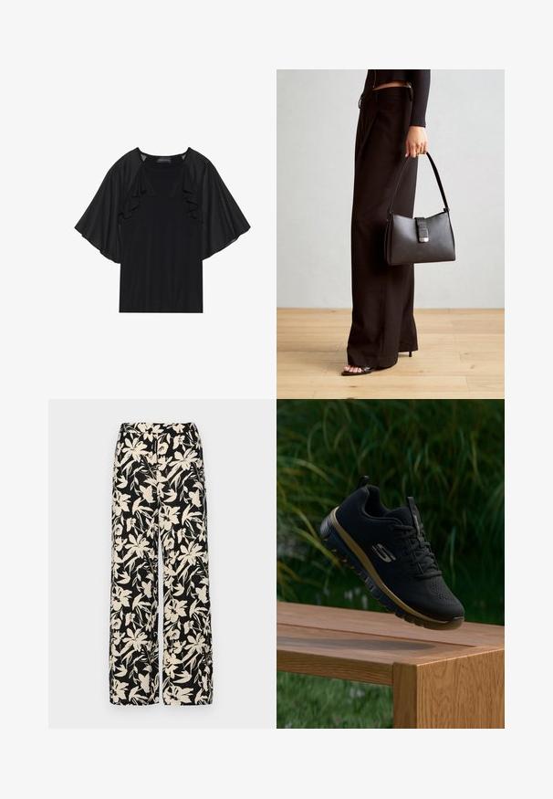 Sort top med korte, voluminøse ærmer og en rund halsudskæring. Materialet ser glat ud med en subtil glans. Casual design.; Sorte vide bukser med et mønster af cremefarvede blomster. Lavet af letvægtsstof, som har en glat tekstur og en høj talje.; Sort sportssko med tekstureret mesh-overdel, snørebånd og polstret sål. Har en guldaccent langs sålen og et logo på siden.; Sort håndtaske med struktureret form, glat overflade og metalspænde. Sammen med brede sorte bukser og sandaler med åben tå på trægulv.