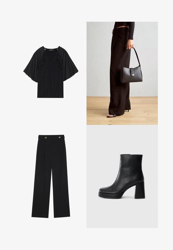 Svart topp med korta, volangärmar och rund halsringning. Materialet verkar slätt med en subtil lyster. Avslappnad design.; Svarta vida byxor med hög midja, knäppdetaljer i midjan och framfickor.; Svart läderankelboot med blockklack och platåsula, sedd från sidan på en enkel vit bakgrund.; Svart handväska med strukturerad form, slät yta och metallspänne. Matchad med vida svarta byxor och sandaler med öppen tå på trägolv.