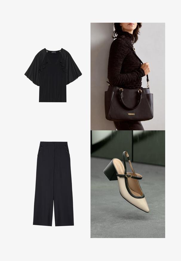 Top preto com manga curta e franzida, e decote redondo. O material parece suave com um brilho subtil. Design casual.; Calças largas de tecido azul marinho escuro, com uma textura suave, pregas frontais e ilhoses decorativos em tom dourado nos bolsos laterais.; Sandal de biqueira pontuda em bege com acabamento preto, fivela dourada e um salto bloco sólido, em um chão cinza com fundo verde escuro.; Bolsa preta com superfície texturizada, alças superiores duplas e alça de ombro ajustável. Apresenta ferragens em tom dourado e bolsos laterais.