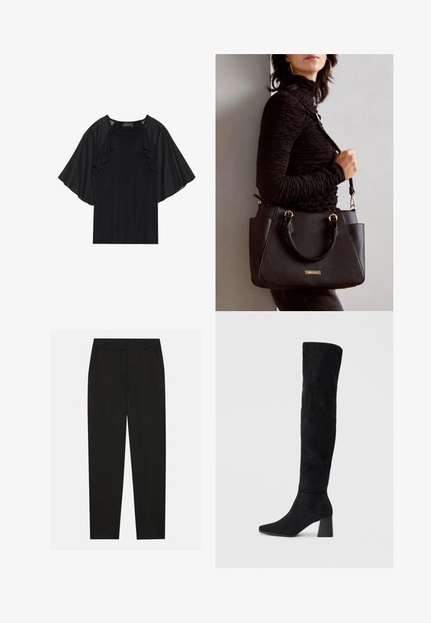 Svart topp med korta, volangärmar och rund halsringning. Materialet verkar slätt med en subtil lyster. Avslappnad design.; Svarta byxor med skräddarsydd design, med sidofickor och raka ben. Tillverkade av ett mjukt, lätt tyg med en stilren finish.; Svarta mocka knähöga stövlar med klack, spetsig tå och slät, sömlös design mot en ljus, enfärgad bakgrund.; Svart handväska med texturerad yta, dubbla handtag upptill och justerbar axelrem. Utrustad med detaljer i guld och sidofickor.