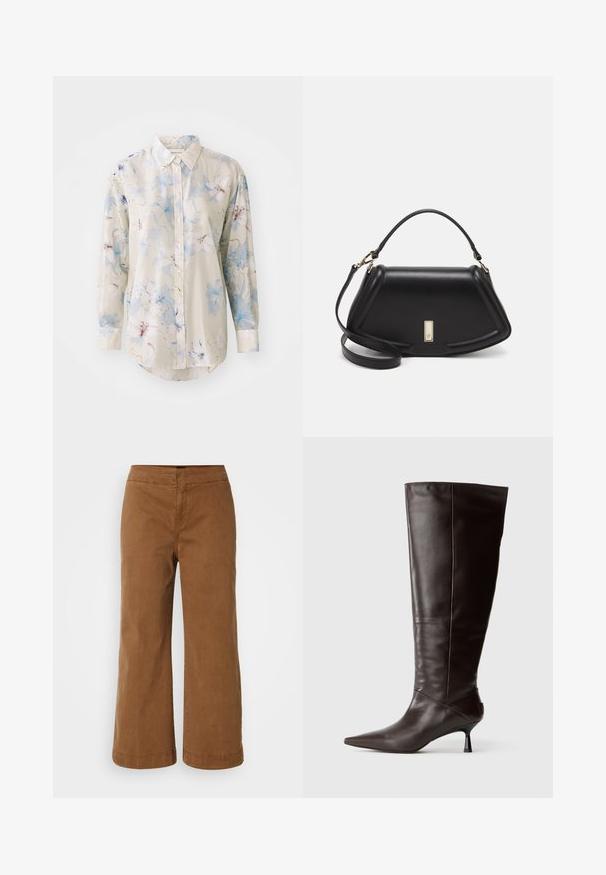 Kukkakuvioinen nappikauluspaita kevyestä kankaasta. Ominaisuudet suuret siniset ja vaaleanpunaiset kukkakuviot vaaleanbeige taustalla. Pitkät hihat, joissa on hihojen ympärykset.; Ruskeat leveälahkeat housut, jotka on valmistettu pehmeästä kankaasta ja joissa on sileä tekstuuri. Housuissa on korkea vyötärö ja ommeltuja yksityiskohtia.; Varren ruskea nahkasaapas polven korkeudelle, jossa on terävä kärki ja hoikka korko. Suuri pinta ja tyylikäs muotoilu, jossa on minimalistinen siluetti.; Mustalla nahkalaukulla, jossa on jämäkkä muotoilu, lyhyt malli, yläkahva ja kultaiset yksityiskohdat. Säädettävä olkahihna sisältyy.