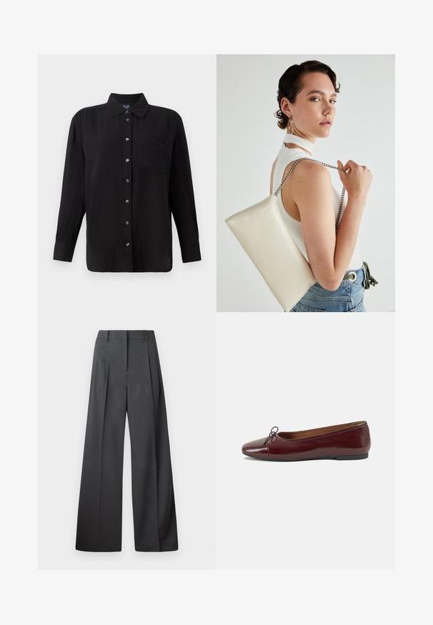 Melna krekla ar garām piedurknēm, apkakli un krūšu kabatu. Izgatavots no teksturēta auduma ar sudraba toņa pogām.; Platās kājas bikses tumši pelēkā audumā, ar augstu jostasvietu, ar vienu uzpūstu vīli un gludu tekstūru ar tīru apdari ap malām.; Burgundijas laku ādas baleta kurpes ar noapaļotu purngalu, nelielu loku akcentu priekšā un zemu melnu gumijas zoli. Gluda tekstūra.; Balts taisnstūra clutch soma, izgatavota no spīdīga materiāla, ar sudraba ķēdes siksnu. Modelis pozē, demonstrējot somu uz vienkārša fona.