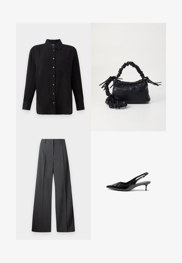 Black button-up shirt with long sleeves, a collar, and a chest pocket. Made of textured fabric with silver-tone buttons.; Wide-leg trousers in dark gray fabric, featuring a high waist, single pleats, and a smooth texture with a clean finish at the hems.; Black leather slingback heels with a pointed toe, small kitten heel, and a decorative knot detail on the front. Smooth texture throughout.; Black faux leather handbag with a crocodile texture, cinched top, and a scrunched strap. Appears soft and compact in design.