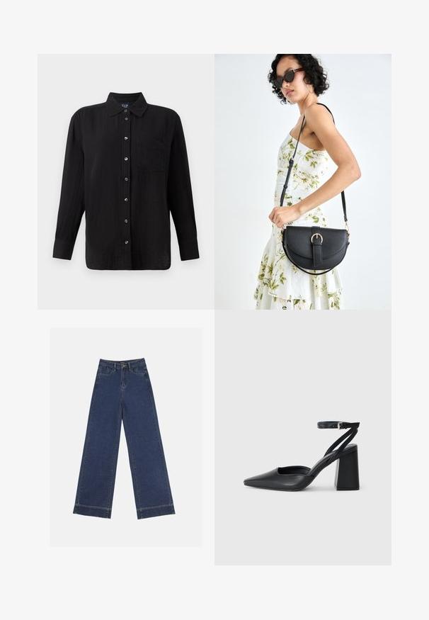 Juodas marškiniai su ilgomis rankovėmis, apykakle ir krūtine kišene. Pagaminti iš struktūruotos medžiagos su sidabro spalvos mygtukais.; Plati džinsai tamsiai mėlynos denimo. Yra penki kišenės, diržo kilpos ir apatinė briauna su matomais siuvimo detalėmis.; Juoda odinė smailiagalė aukštakulnio bateliai su kulkšnies dirželiu ir storu kulnu. Lygus paviršius, elegantiškas dizainas ir minimalistiška estetinė. ; Juodas odinis krepšys su išlenkta forma, nuimamu dirželiu ir auksiniais detalėmis. Krepšys turi kilpą su sagtimi.