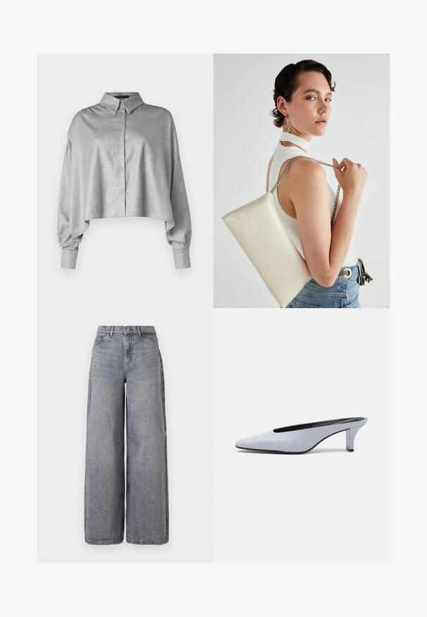 Camicia grigia tagliata, con colletto, maniche lunghe e vestibilità rilassata. Tessuto liscio con una sottile texture e orlo arrotondato.; Jeans in denim a gamba larga con un lavaggio grigio sbiadito, dotati di cinque tasche, chiusura con bottone e una texture morbida con lievi dettagli di sfumature.; Mule in pelle lucida blu chiaro con punta affusolata, tacco trasparente basso e design elegante caratterizzato da un'apertura sulla parte superiore.; Borsa a pochette rettangolare bianca realizzata in materiale lucido, con una tracolla in catena argentata. Il modello posa, mostrando la borsa su uno sfondo semplice.