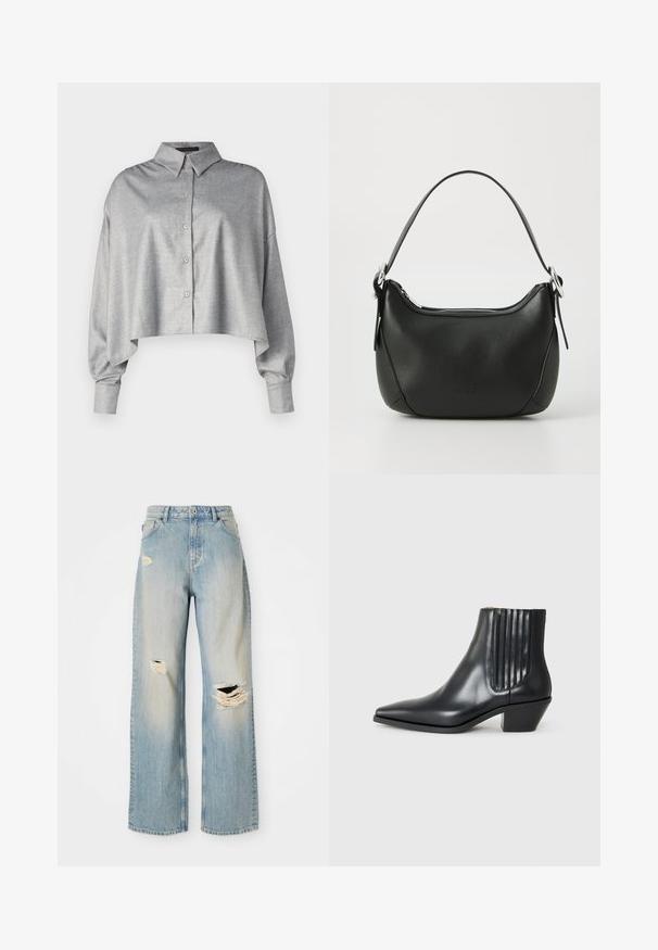 Afrivaret grå skjorte med krave, lange ærmer og en afslappet pasform. Glat stof med subtil tekstur og afrundet kant.; Lysblå lige-benede jeans med høj talje, bæltestropper og slidte huller på venstre lår, højre knæ og nederste venstre ben.; Sorte læder ankelstøvle med spids tå, elastiske sidepaneler med lodrette riller og en lav blokhæl. Glat tekstur og slankt design.; Sort læderhandtaske med en buet form, sølv lynlås og et kort håndtag. Har et diskret logo på forsiden og en glat tekstur.