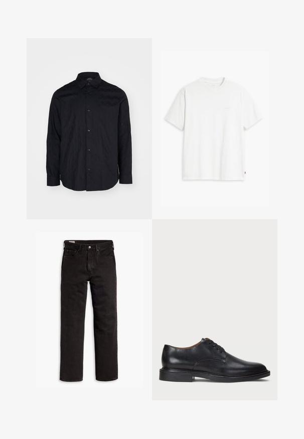 Camicia nera con bottoni realizzata in tessuto testurizzato con un sottile motivo geometrico. Presenta un colletto e maniche lunghe con polsini sbottonati.; T-shirt bianca in cotone con maniche corte, colletto tondo e logo Levi's discreto stampato al centro. Texture morbida e vestibilità standard.; Jeans in denim neri a gamba dritta con cinque tasche, chiusura a bottone e passanti per cintura, adagiati su uno sfondo bianco.; Scarpa da uomo in pelle nera con punta rotonda, design con lacci e tacco basso impilato. Texture liscia con dettagli di cucitura minimi.