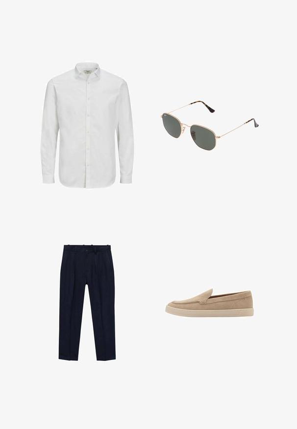 Bela, dolgimi rokavi, srajca z gumbi iz bombaža, ki ima klasičen ovratnik, ravno krojeno silhueto in diskretno teksturo. Standardno zapiranje z gumbi.; Modre hlače iz gladkega materiala, ki imajo rahlo krojen kroj, sprednje gube, zanke za pas in enojno zapenjanje na gumb.; Bež izsušene copate z zaobljenim prstom in šiviljskim detajlom. Svetlo obarvan gumijast podplat z nizkim profilom.; Sončna očala z zlatim kovinskim okvirjem in temno zelenimi lečami, aviatorskega sloga, z vitekimi ročaji in želvovim vzorcem na konicah.