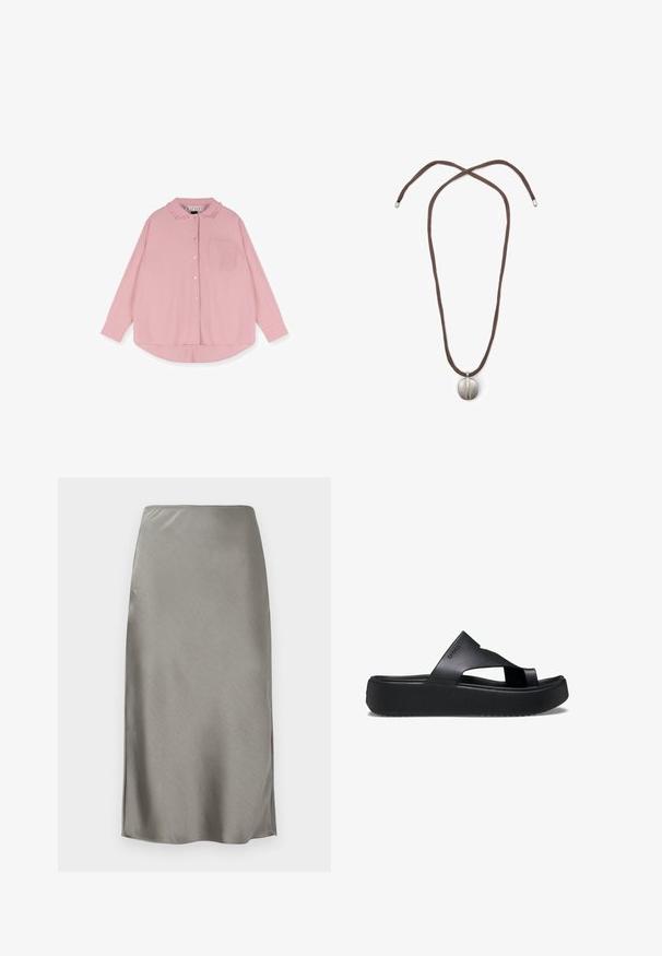 Rosa Langarmshirt mit rundem Kragen, Knopfreihe, einer Brusttasche und leicht abgerundetem Saum. Hergestellt aus einem weichen Stoff.; Grauer Satin-Midirock mit glatter, geschmeidiger Textur. Kleine Seitenschlitze betonen die Bewegungsfreiheit. Minimalistisches Design, figurschmeichelnder Bund und gerade Silhouette.; Schwarze Plattform-Flip-Flops mit einer strukturierten Gummisohle, die ein Kreuzriemen-Design und eine matte Oberfläche aufweisen. Das Markenlogo ist dezent an der Seite angebracht.; Halskette mit einem braunen Band und einem silbernen ovalen Anhänger. Der Anhänger hat eine glatte Oberfläche und eine leichte Vertiefung in der Mitte.