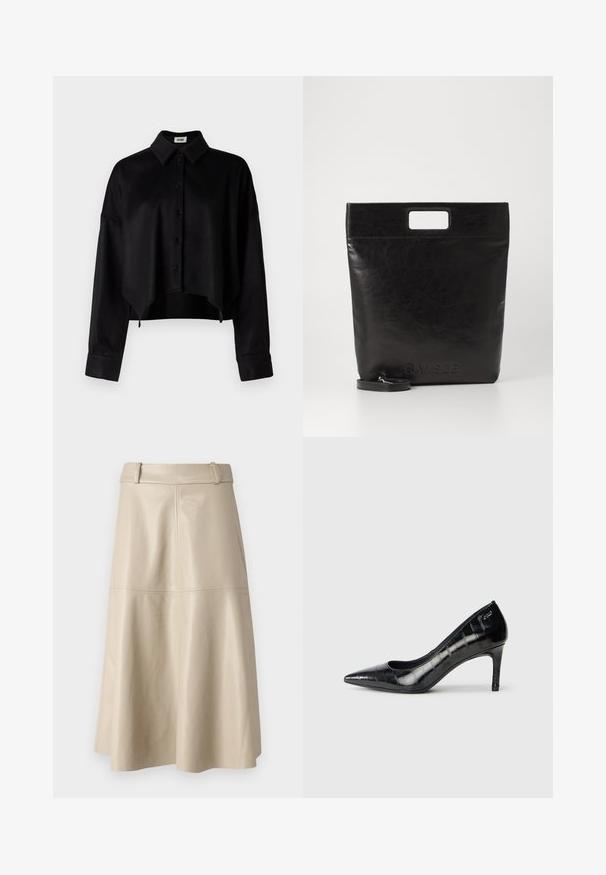 Zwarte geknipte button-up shirt met een kraag, met een gladde textuur, lange mouwen en een afgeronde zoom. Knopen zijn zwart.; Beige leren midi-rok met een gladde textuur, brede tailleband en uitlopende zoom; heeft gestikte naden voor extra detail.; Zwarte puntige hoge hakken met een glanzende afwerking en een subtiel textuurpatroon. Beschikt over een gematigde hak en een open halsontwerp.; Zwarte leren draagtas met een vierkant handvat, met een gestructureerde afwerking en een reliëflogo. Inclusief een afneembare schouderband.