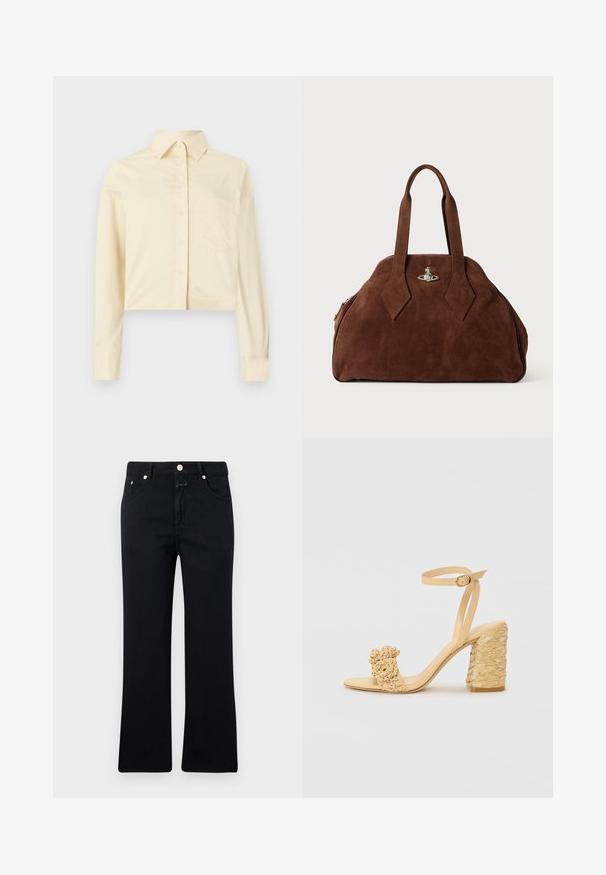 Przycięta, długorękawowa koszula z jasnopłótnowego bawełnianego materiału. Posiada standardowy kołnierzyk, zapięcie na guziki z przodu oraz jedną kieszeń na piersi.; Czarne dżinsy o prostym kroju nogawki, pięć kieszeni, metalowe elementy i miękka tekstura denimu. Minimalistyczne i jednolite w kolorze.; Beżowe sandały na wysokim obcasie o plecionym wzorze, z dekoracyjnym kwiatem i paskiem na kostkę. Kwadratowy obcas zwiększa stabilność.; Brązowa torebka z zamszu o usztywnionym kształcie, zaokrąglonym korpusie i wydłużonych uchwytach w kształcie diamentu. Charakteryzuje się srebrnym zamknięciem.