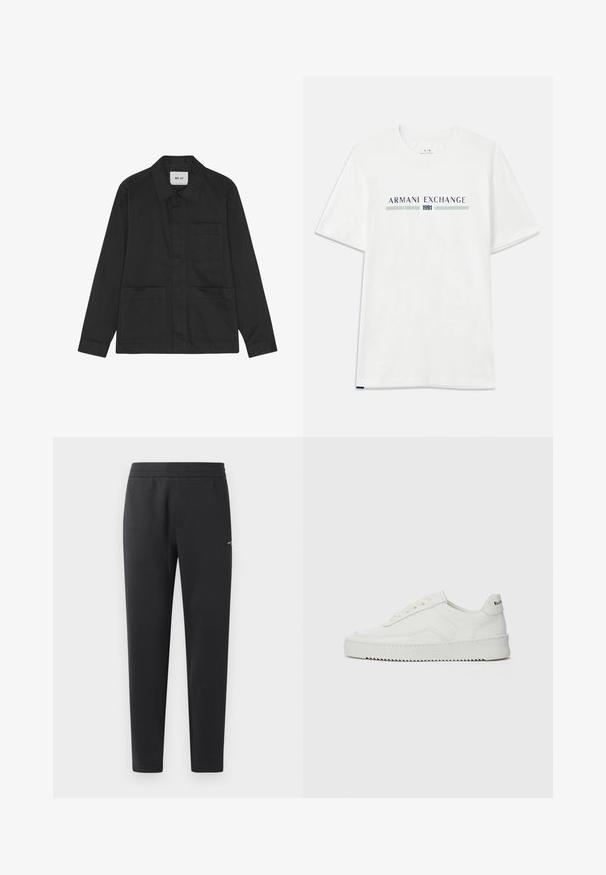 Zwarte jas met een kraag, sluiting met knopen aan de voorkant, twee opgestikte zakken en lange mouwen. Gemaakt van een gladde stof.; Witte katoenen T-shirt met korte mouwen, voorzien van een blauw en groene "ARMANI EXCHANGE" logo en "1991" gecentreerd eronder.; Zwarte joggingsbroek gemaakt van zachte stof, met een elastische tailleband, rechte pijpen en een klein logo detail aan de zijkant.; Witte leren sneaker met een gladde afwerking, ronde neus, platte veters en een gestructureerde zool. Kenmerkt zich door een subtiel logo op de hiel.