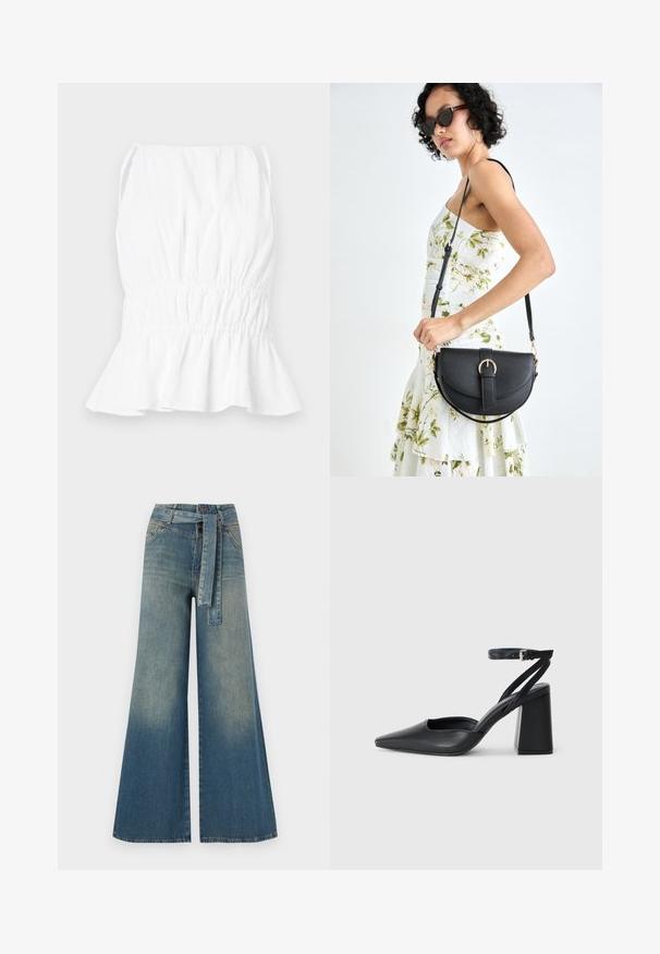 White sleeveless top with a gathered waist and flared hem. Made of lightweight fabric, featuring soft texture and adjustable straps.; Wide-leg denim trousers featuring a light to dark blue gradient, high waist, belt loops, and a matching fabric belt. Textured denim finish.; Black leather pointy-toe pump with an ankle strap and a chunky heel. Flat texture, sleek design, and minimalistic aesthetics.; Black leather handbag with a curved shape, detachable strap, and gold hardware. The bag features a flap with a buckle detail.