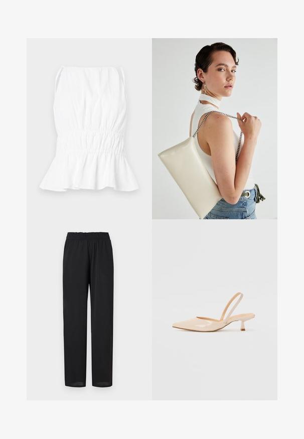 White sleeveless top with a gathered waist and flared hem. Made of lightweight fabric, featuring soft texture and adjustable straps.; Black, lightweight pants with a relaxed fit, featuring an elastic waistband and smooth texture. Straight legs taper slightly at the hem.; Beige patent leather slingback heels with pointed toe and a slim, square heel. Smooth texture and minimalist design with no embellishments.; White rectangular clutch bag made of glossy material, featuring a silver chain strap. Model poses, showcasing the bag against a plain background.