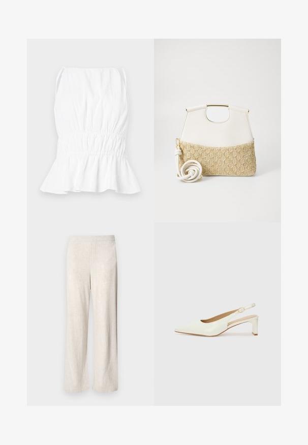 Valge ilma varrukateta särk kogutud taljega ja laieneva äärisega. Valmistatud kerge kangaga, millel on pehme tekstuur ja reguleeritavad rihmad.; Kerged sääred heledast beežist linast, millel on sile tekstuur ja lihtne vöökoht. Ilma taskuteta või silmatorkavate metalldetailideta.; Valge patentnahast slingback king, millel on terav varvas ja madal plokkkonts. Omab peent rihma koos kuldse detailiga. ; Valge nahast käekott, mille alumine osa on tekstureeritud kreemjas kudumiga. Kott on varustatud kuldse käepidemega ja keerdus valge rihmaga, mis lisab mitmekesisust.