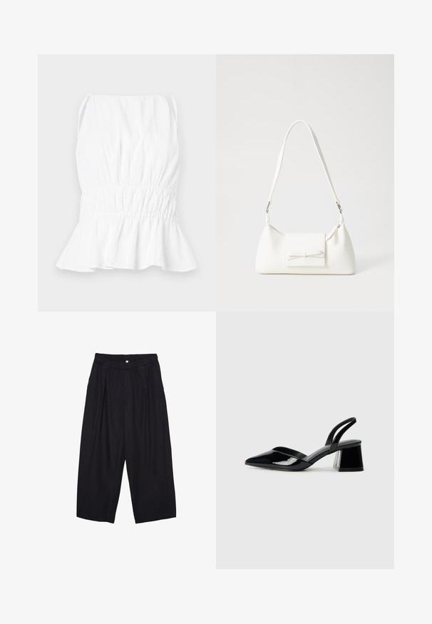 Bijela bezrukavna majica s naboranim strukom i širim rubom. Napravljena od laganog materijala, s mekom teksturom i podesivim trakama.; Crne poliester hlače culotte s elastičnim pojasom, dva prednja nabora i širokim krojem. Nema vidljivih uzoraka ili metalnih detalja.; Crne lakirane kožne sandale s otvorenom petom i špicastim vrhom, s geometrijskom blok petom. Imaju elegantan, minimalistički dizajn i glatku teksturu.; Bijela sintetička torbica s trokutastim oblikom, ravnim prednjim poklopcem i detaljem u obliku mašne, podesivom remenom, glatkom teksturom i minimalističkim dizajnom.