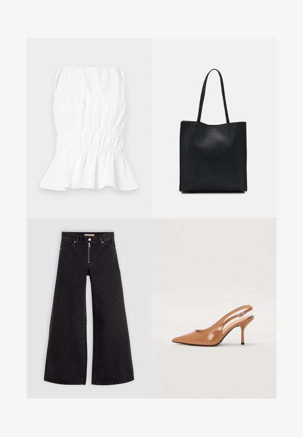 Haut sans manches blanc avec une taille froncée et un ourlet évasé. Fabriqué en tissu léger, avec une texture douce et des bretelles ajustables.; Jean large en denim noir avec une fermeture éclair à l'avant, un design à cinq poches et des détails de couture subtils. Texture lisse et style décontracté.; Escarpin à talon slingback à bout pointu en matériau beige lisse et brillant. Présente un design de découpes courbées et un talon aiguille fin. Détail de boucle en argent.; Sac fourre-tout en cuir noir avec une texture lisse, de forme rectangulaire et deux longues poignées. Pas de matériel ou d'ornementations visibles.