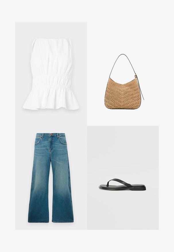 Top bianco senza maniche con vita arricciata e orlo svasato. Realizzato in tessuto leggero, presenta una texture morbida e spalline regolabili.; Jeans in denim blu a vita alta con gambe ampie, tasche frontali, chiusura con bottone e gradiente di colore sbiadito dal girovita all'orlo.; Infradito neri in pelle liscia, con un design a fascia sottile e una suola piatta dal profilo minimale. Nessun motivo o accento particolare.; Borsa a spalla in paglia intrecciata con forma curva, dotata di una tracolla in pelle scura e superficie testurizzata con motivo a zigzag.; Orecchini in tono dorato caratterizzati da forme irregolari e texture, adornati con gemme verdi e perle bianche, fissati con chiusure a clip.
