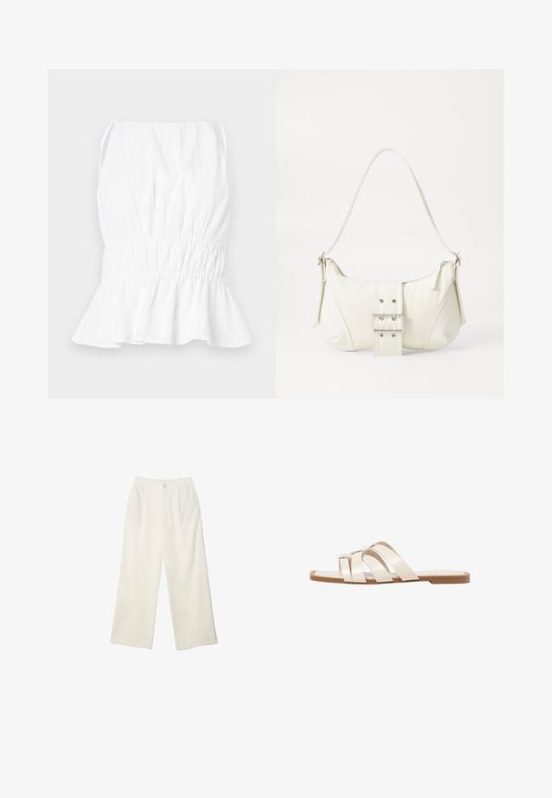 Haut sans manches blanc avec une taille froncée et un ourlet évasé. Fabriqué en tissu léger, avec une texture douce et des bretelles ajustables.; Pantalons à jambes larges en tissu crème avec une texture lisse, dotés d'un seul bouton à l'avant, de plis subtils et d'un design taille haute.; Sandales plates avec une semelle en caoutchouc beige, conçues avec trois brides en cuir blanc se chevauchant et un petit nœud au centre.; Sac à épaule blanc avec une finition texturée, une accentuation par une boucle centrale et une forme courbée. Fermetures éclair des deux côtés.