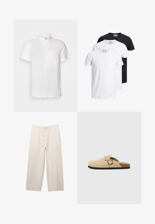 Scotch & Soda CORE SHIRT - Shirt - off white; Three T-shirts in white and black, made of cotton. Each has a round neck and short sleeves, with a logo displayed on the neckline.; Linen trousers in light beige, featuring an elastic waistband with a drawstring, wide-leg design, and side pockets. Smooth texture.; Beige suede slide-on clogs with a cork footbed, rounded toe, and a simple strap featuring a gold-tone buckle. Rubber sole for grip.