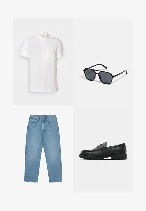 Scotch & Soda CORE SHIRT - Ing - off white; Világoskék farmernadrág egyenes szárú vágással, ötzsebes kialakítással és enyhén kifakult textúrával. Gombos és cipzáras záródással rendelkezik.; Fekete bőr loafer cipők kerek orral, varrott mintázattal, alacsony platformtalpú és texturált, barázdált gumitalppal.; Fekete napszemüveg nyolcszögletű kerettel, sötét lencsékkel, fényes felülettel, vékony szárakkal és arany díszítéssel az elülső részén.