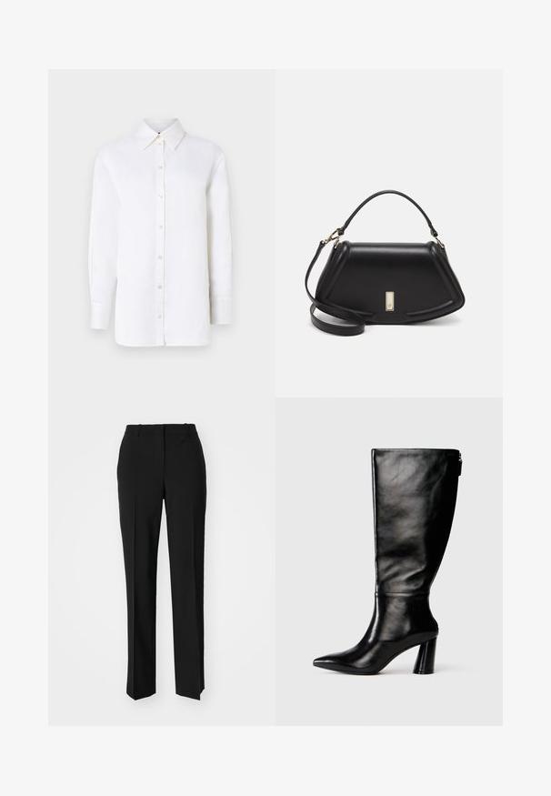 White linen button-up shirt with a pointed collar, long sleeves, and button closures. Features a relaxed fit and smooth texture.; Black tailored trousers with a straight-leg design, featuring a smooth texture and crisp creases along the front. No visible hardware.; Knee-high black leather boot with a pointed toe, smooth texture, and a chunky heel. Features a zipper detail at the back.; Black leather handbag with a structured design, featuring a cropped shape, top handle, and gold hardware accent. Adjustable shoulder strap included.
