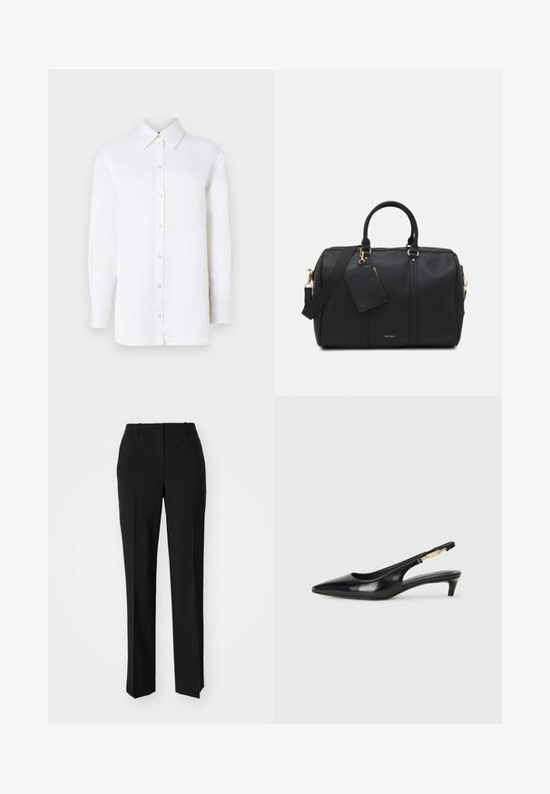 White linen button-up shirt with a pointed collar, long sleeves, and button closures. Features a relaxed fit and smooth texture.; Black tailored trousers with a straight-leg design, featuring a smooth texture and crisp creases along the front. No visible hardware.; Black leather slingback heels with a pointed toe, featuring a slim heel and a gold-tone accent on the adjustable strap. Smooth texture.; Black faux leather duffel bag with gold hardware, dual top handles, adjustable shoulder strap, and a removable tag pocket.