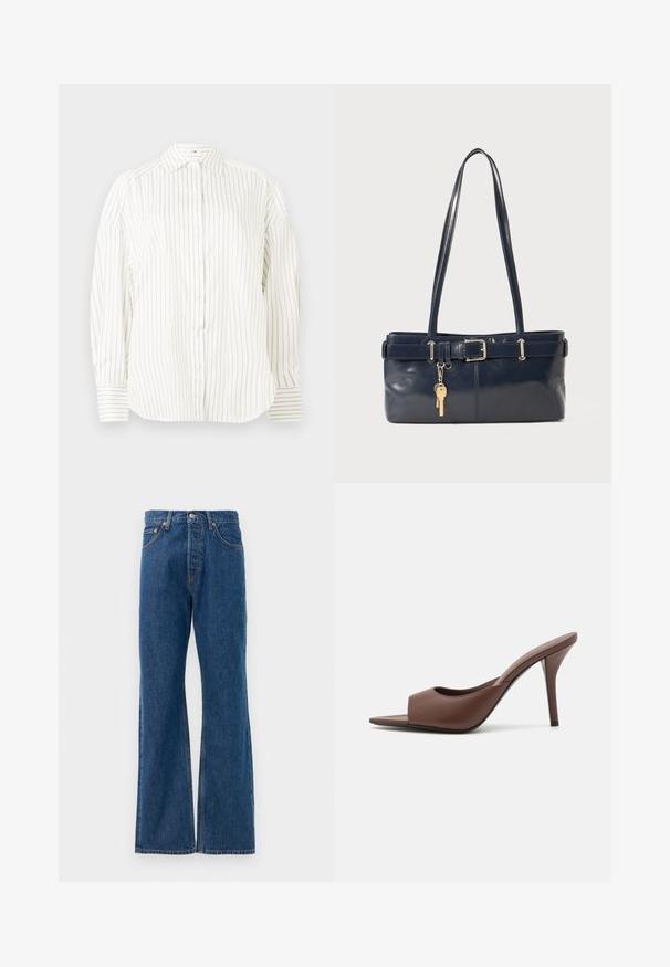 White button-up shirt with subtle vertical golden stripes, a classic collar, and slightly puffed sleeves, featuring structured cuffs with matching stripes.; Blue denim flared jeans with a high waist, featuring five pockets, a silver button closure, and visible stitching accents.; Brown leather open-toe high-heeled mules with a sleek design, featuring a wide front strap and a slender stiletto heel.; Navy leather handbag with two long handles, a buckle detail, and a keychain attached. Features a smooth texture and a rectangular shape.