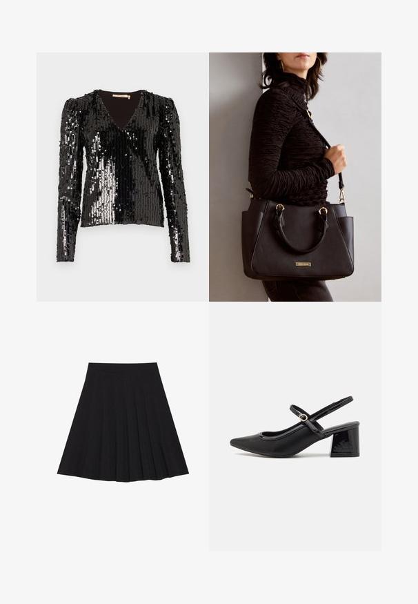 Must mustriga pikkade varrukatega topp, millel on V-kaelus ja puffpõlved, sujuva tekstuuriga pind, mis peegeldab valgust.; Must mustriga seelik, millel on tekstureeritud kangas ja kitsas vöökoht. Ulatuv põlveni, omadab sujuvat ja lõputut siluetti.; Mustad läikivad nahast slingback-kõrged kontsad, millel on terav nina, ümar lõikekujundus ja blokknina. Omab kuldset nupu aktsenti.; Musthave must kott, millel on tekstuurne pind, kaks ülemist käepidet ja reguleeritav õlarihm. Omab kuldse tooni riistu ja külgtaskuid.