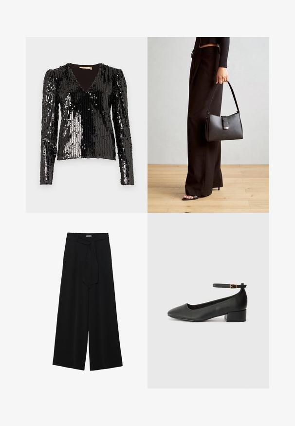 Top lungo a maniche con paillettes nere, caratterizzato da scollo a V e spalle a sbuffo, con una superficie liscia e con texture che riflette la luce.; Pantaloni neri a gamba larga caratterizzati da un tessuto testurizzato, una vita elastica e una cintura staccabile per una vestibilità regolabile.; Pump in pelle nera con punta affusolata e tacco basso a blocco. Presenta una cinghia alla caviglia con una fibbia in tonalità oro. Texture liscia.; Borsa nera con forma strutturata, texture liscia e una chiusura metallica. Abbinata a pantaloni neri larghi e sandali open-toe su un pavimento in legno.