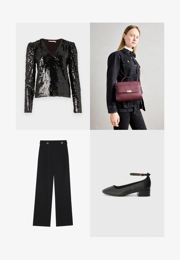 Juodas blizgantis ilgomis rankovėmis viršus su V formos iškirpte ir pūstomis pečių detalėmis, turintis sklandų, tekstūruotą paviršių, atspindintį šviesą.; Juodi plačios kojos kelnės su aukštu liemeniu, sagų detalėmis ant liemens ir priekinėmis raukšlėmis.; Juodas odinis aukštakulnis batelis su smailiu pirštu ir žemu bloku. Su kulkšnies dirželiu su auksinės spalvos sagtimi. Lygus paviršius.; Burgundi spalvos odinė rankinė su auksine sagtimi, struktūrizuota forma, viršutinė rankena ir reguliuojama petneša. Modelis vilki džinsinį švarką.