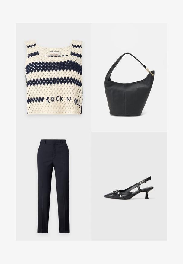 Top corto all'uncinetto beige con righe navy e testo "ROCK N ROLL". Presenta un scollo quadrato e spalline larghe. Texture a trama aperta.; Pantaloni tailored blu navy a gamba dritta, caratterizzati da una texture liscia, due tasche frontali e una vita pulita.; Scarpa slingback nera in pelle con punta affusolata, cinturini decorativi con occhielli metallici e tacco basso a blocco. Superficie testurizzata.; Borsa a tracolla in pelle nera con forma arrotondata, una tracolla ampia e una finitura testurizzata. Presenta un dettaglio di cucitura discreto e un dettaglio in metallo dorato.